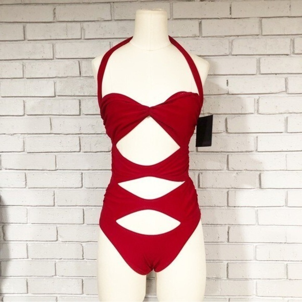 Norma Kamali High Leg Peekaboo Mio Swimsuit Red Cutout One Piece | Size Medium